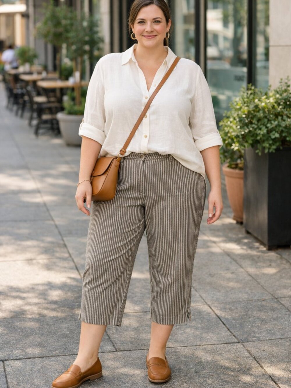 Larry Levine Mushroom Brown and Ivory Striped Cotton Capri Pant Size 16